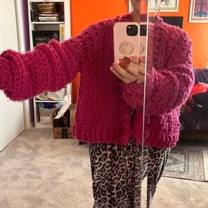 Crochet pink bomber jacket bubble sleeve